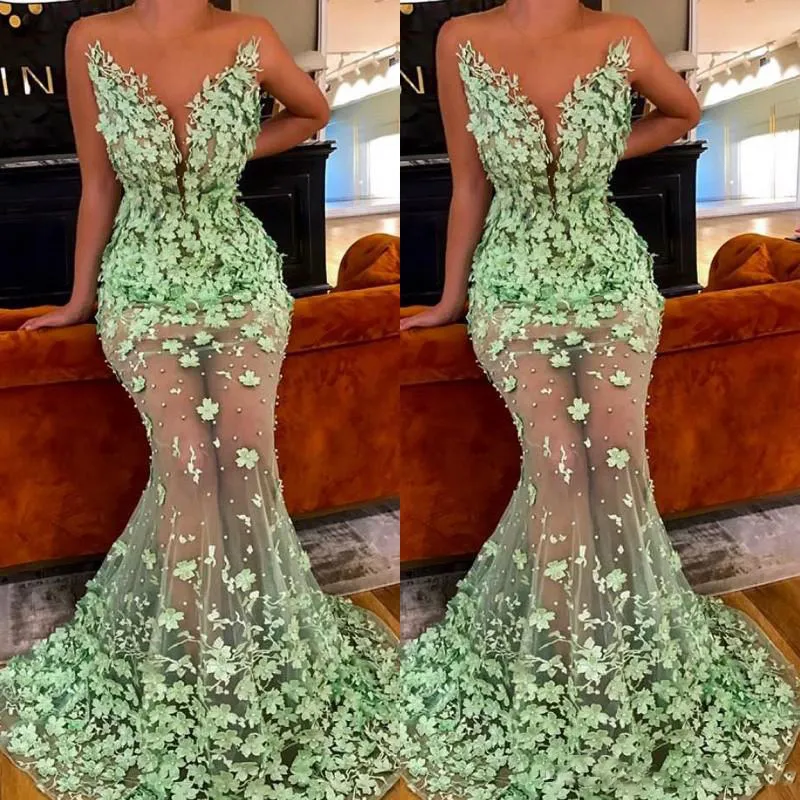 Green Green See przez Prom Dresses Sexy Sheer Neck Aplikacje Zroszony Suknie Wieczorowe Syrenka Długość Floor Długość Tulle Formalna Party Dress