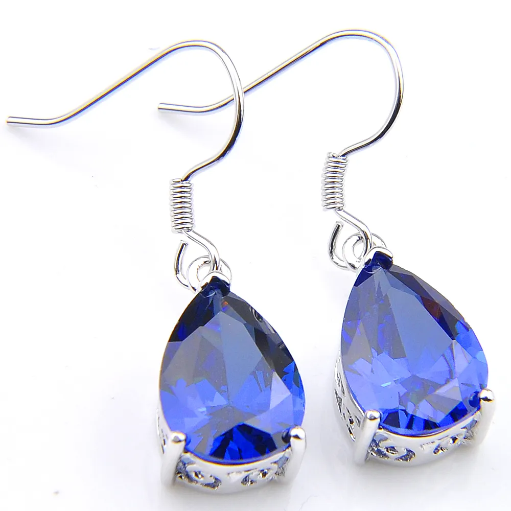 Envío Gratis -- joyería europea 925 plata brillante gota de agua azul zafiro platino plateado pendientes joyería CE0054