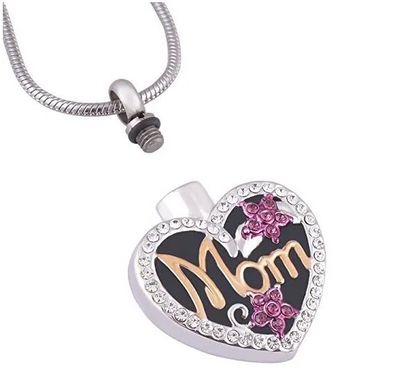 Funeral Cremation Urns Pendant Smycken Diamond Heart Mom Kan öppna rostfritt stål Mark familj husdjur halsband