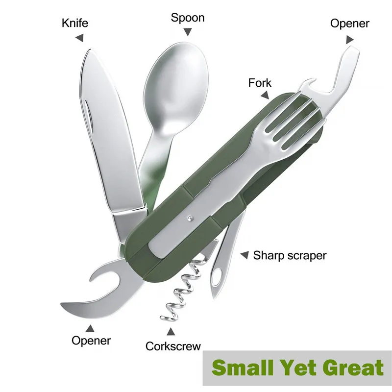 Outdoor Foldable 7 In 1 Camping Utensil Set Stainless Steel With Bottle