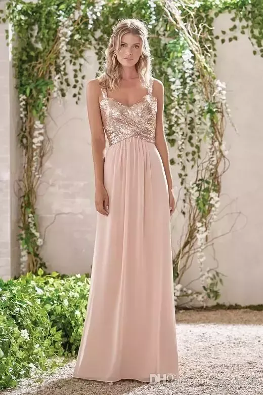 Élégante nouvelle demoiselle d'honneur Rose Gold Robes Une ligne Spaghetti SPAGHETTI SEQUINS SECKINS DE MIEUX CHIFFON CHIFFE LONGE DE MARIAGE DE MARIÈME DE MARIAGE DE MEILLEUR D'HONE