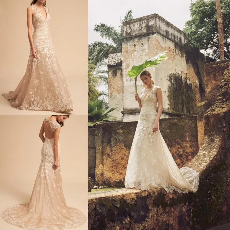 2018 BHLDN V Neck Lace Mermaid Wedding Dresses Lace Applique Backless Sweep Train Wedding Dress Bridal Gowns