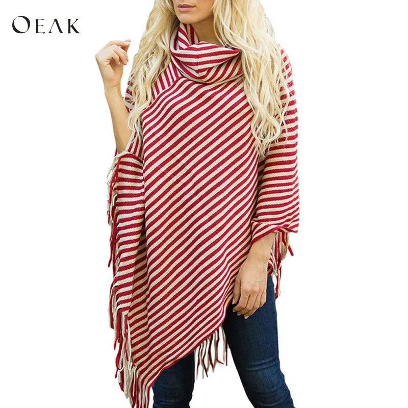 OEAK 2018 nouveau automne hiver femmes pull pull dames mode rayé tricoté châle écharpe col glands frange cape pull