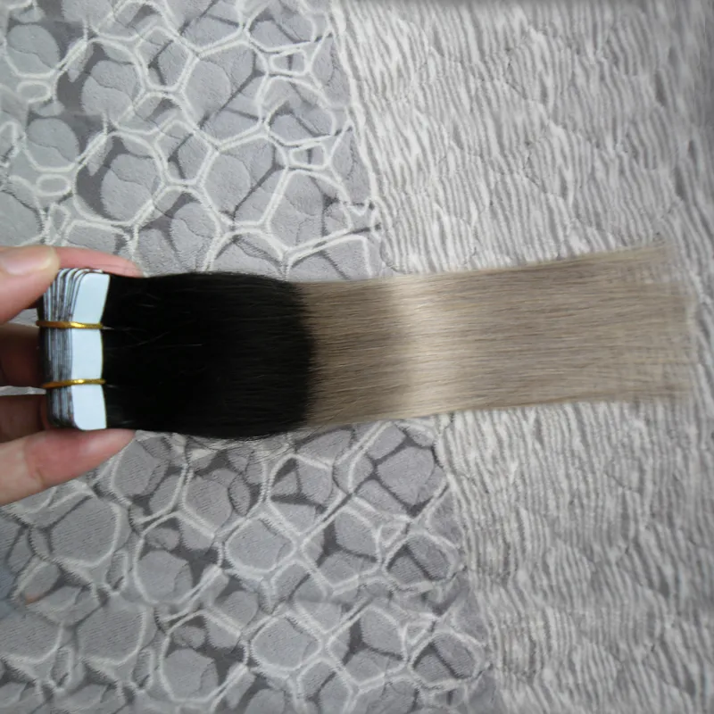 Ombre Tape Hair T1b Silver Grå Tape Extension 40 stycken Pakethäftande sömlösa hår 100 gram 10 