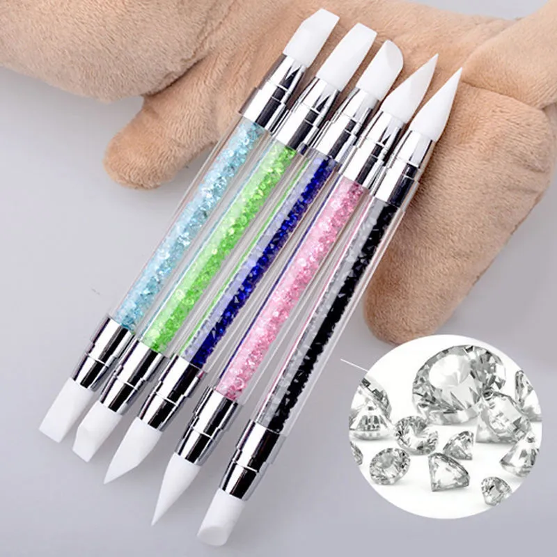 Crystal Rhinestone Decor Handle Pen 2 Way Silicone Head Carving Emboss Shaping Sculpture Nail Art Manicure Dotting Tools