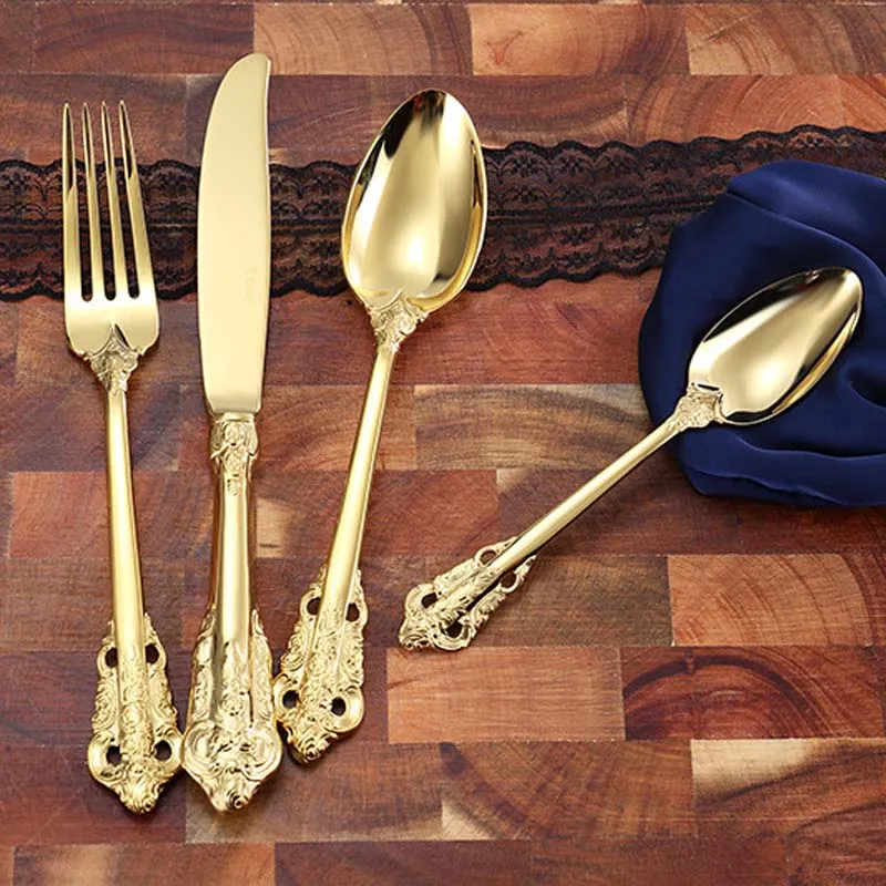 High Quality Luxury Golden Dinnerware Set Gold Plated Stainless Steel Cutlery Set Wedding Dining Knife Fork Tablespoon