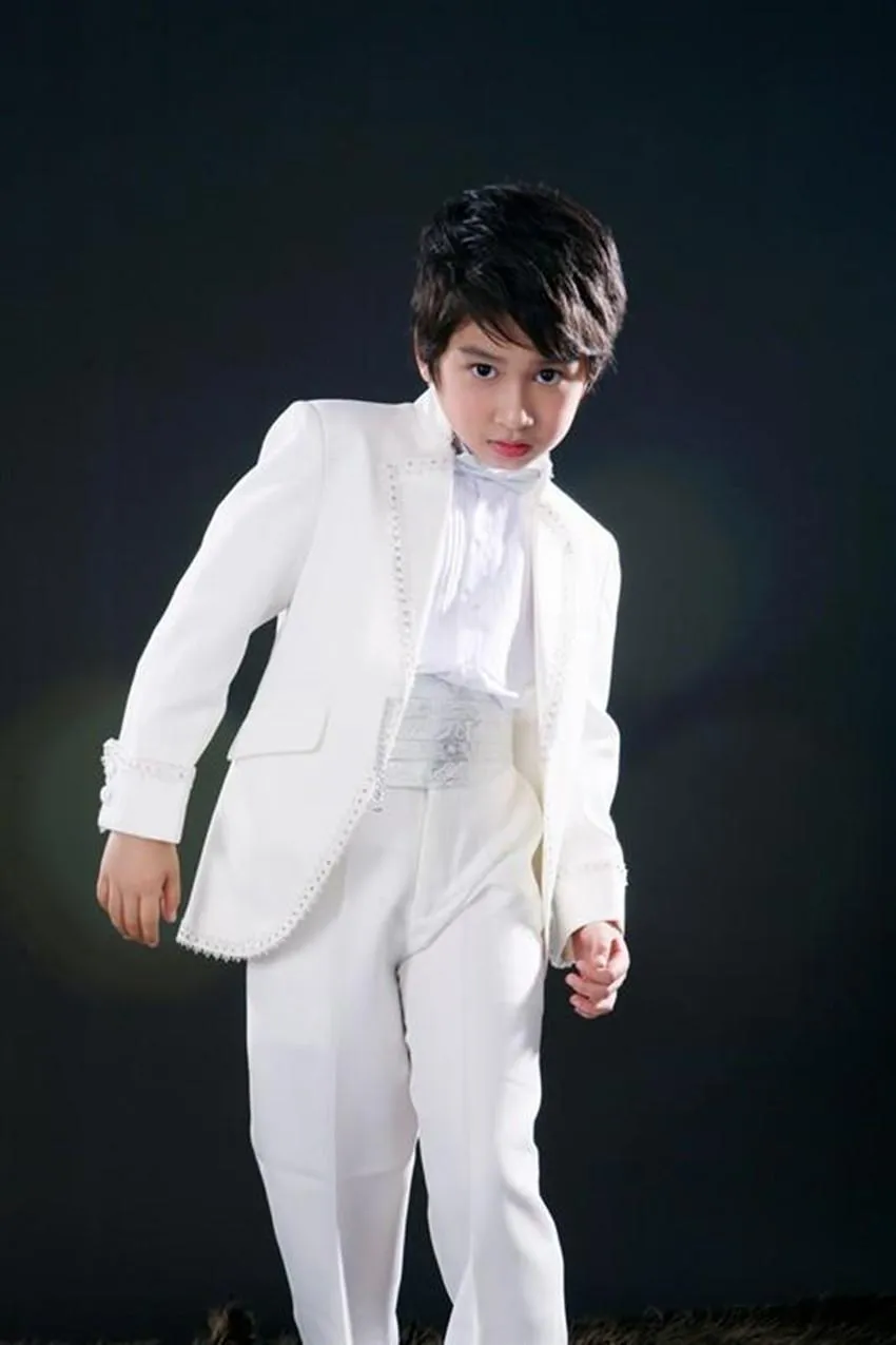 Slå design vit pojke formell slitage hög kvalitet pojke bröllop blazer stilig barn födelsedag prom visa kostym (jacka + byxor + bows slips + girdle) 63