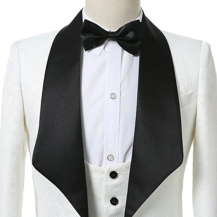 New Design Groomsmen Shawl Lapel Groom Tuxedos White Printed Men Suits Wedding Suit Best Man Custom Made Blazer Bridegroom Coat+Pants+Vest