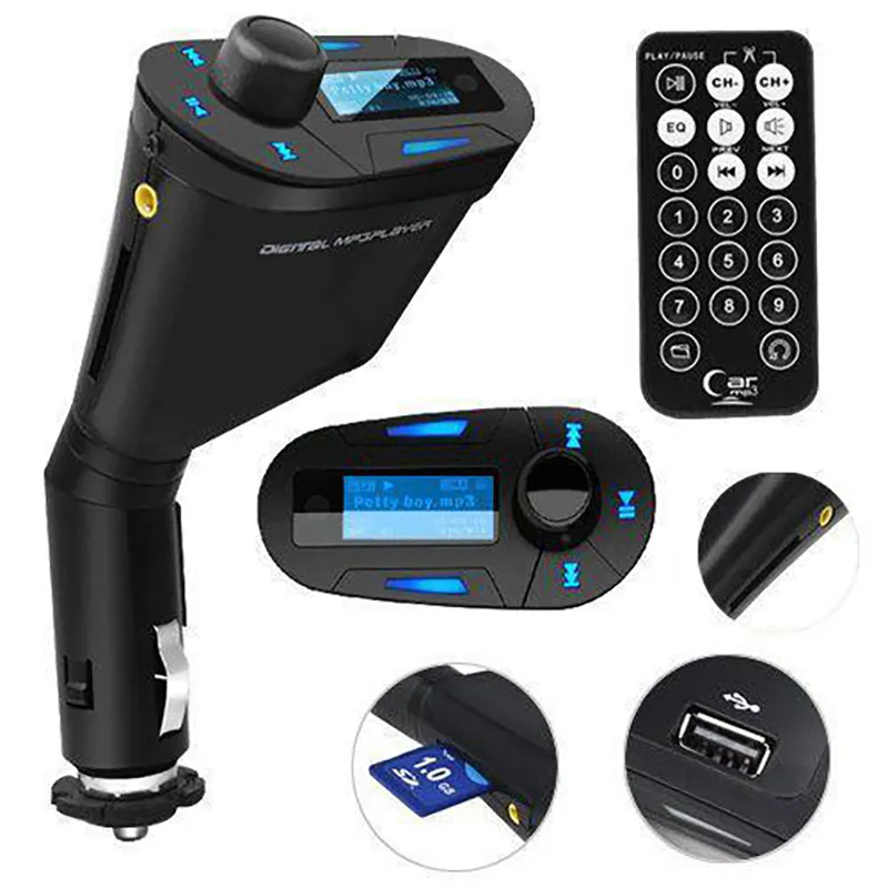 Car LCD Kit MP3 Stereo Audio Player Wireless Auto Charger FM Transmitter USB Chargers Adapter WMA SD MMC Card Slot