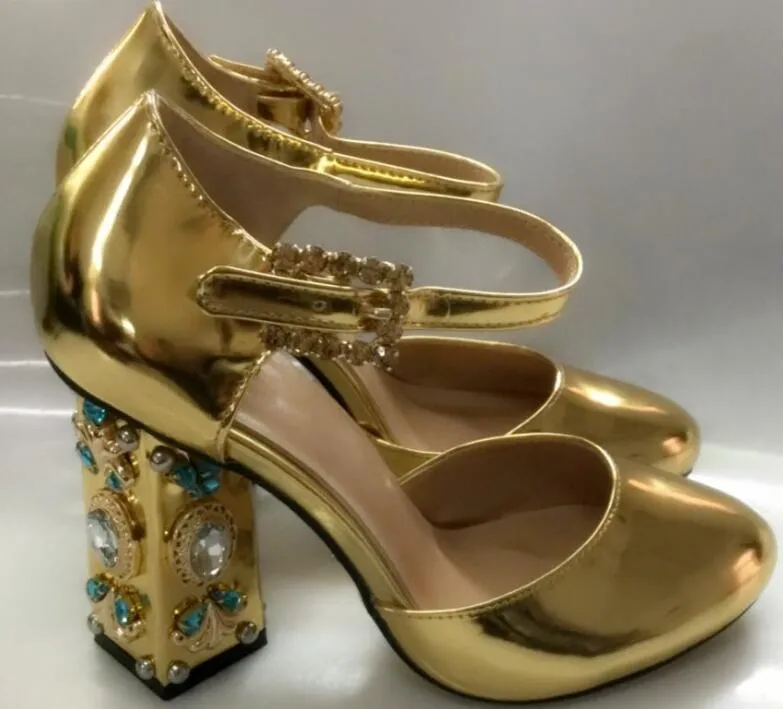 2018 Nuevas mujeres de la llegada tacones altos bombas de tacón grueso zapatos de fiesta bombas de perno de diamante zapatos de vestir slivergold bombas de cuero