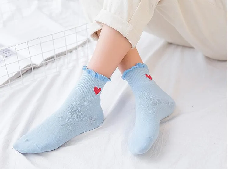 Kawaii Red Heart Pattern Socks Cotton Womens For Women Soft