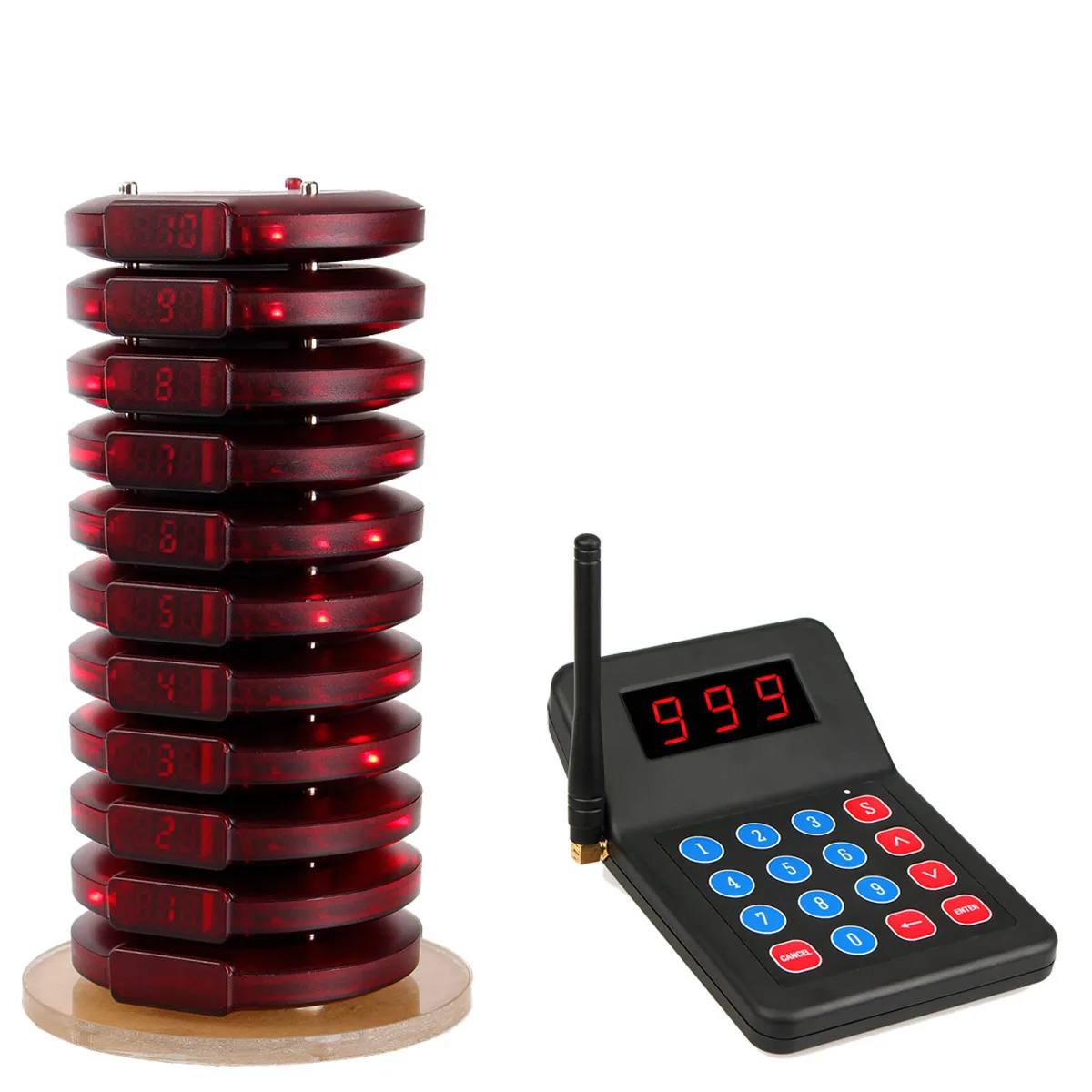 Draadloze Restaurant Calling Paging Queuing Systeem met 1 Toetsenbord Zender 10 Coaster Pager voor Coffee Shop Restaurant Food Court