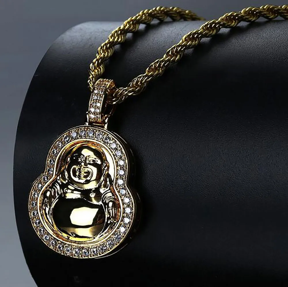 Lucky Gold Buddha CZ Boeddhistische hanger bling glans hiphop ketting kubieke zirkonia hanger met 24 inch touw ketting