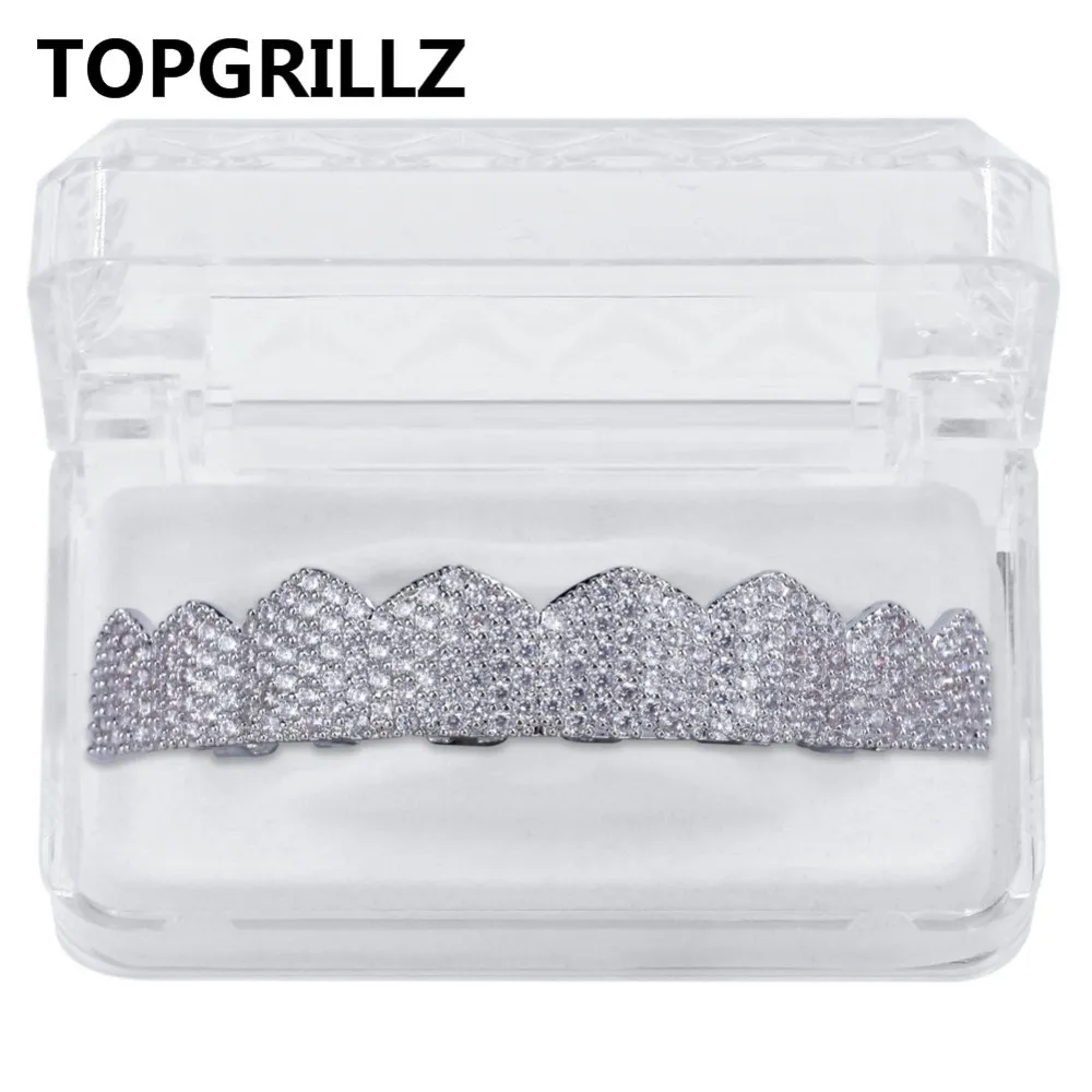 TOPGRILLZ Micro Pave Cubic Zircon Custom Fit Oro argento Colore Iced Out Hip Hop Denti Grillz Top Bottom Griglie denti Set