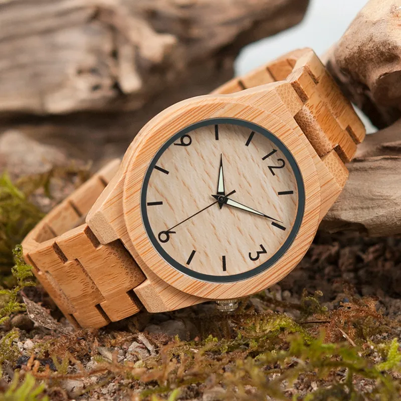 2018 BOBO BIRD WD27 Bambou Montre En Bois pour Hommes Conception Unique De Lug Top Marque De Luxe Quartz Bois Bande Nuit Vert Pointeur Poignet Watc229I