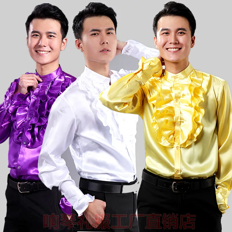 Danse Performance Chorus Costume Dentelle Chemise Deep Purple Light Yellow White Gloss Face Mens Shirt