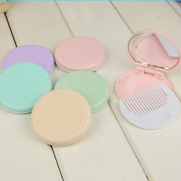 Cute Chocolate Cookie Shaped Design Makeup Mirror with Comb Lady Women Makeup Tool Pocket Mirror Home Office Use