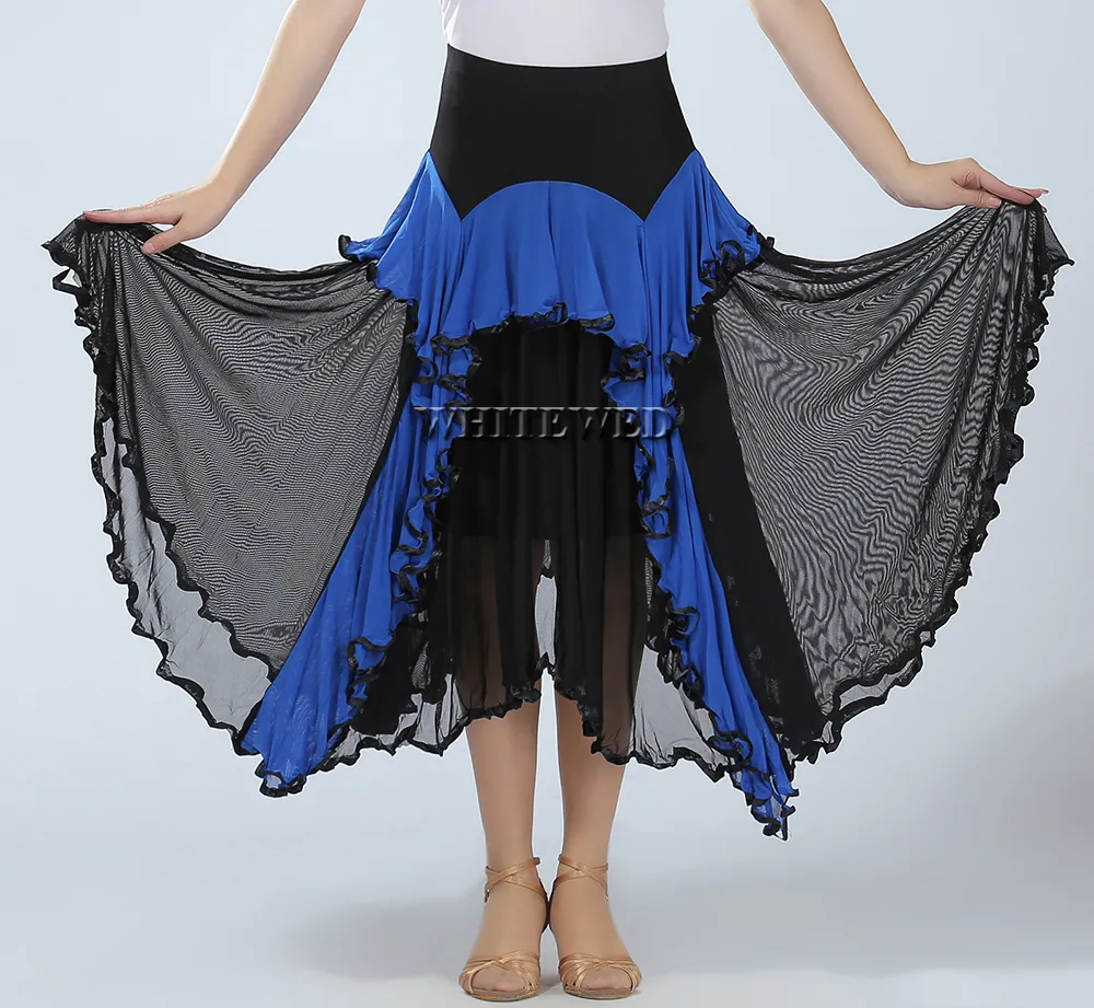 Ruffle Full Circle Circular Waltz Ballroom Practice Dance Skirt Long Two Tone Ballroom Flamenco National Dance Practice Wear Kjolar Kostymer