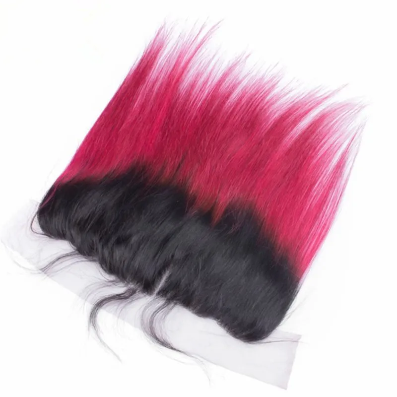 Fasci di capelli umani rosa Ombre peruviani con chiusura frontale in pizzo 13x4 bicolore 1B / Tessiture di capelli vergini Ombre rosa caldo con frontali completi