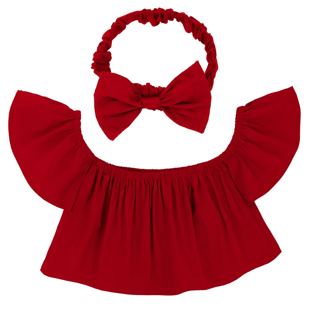 Children girls ruffle Tees Flying Sleeve Off Shoulder tops 2018 summer baby T-shirts Boutique kids Clothing with Bow headband C4046
