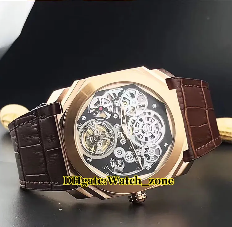 Octo Tourbillon Szkielet Czarny Dial 102719 Automatyczny Zegarek Mens Silver Case Skórzany Pasek Tanie Nowe Wysokiej jakości na rękę