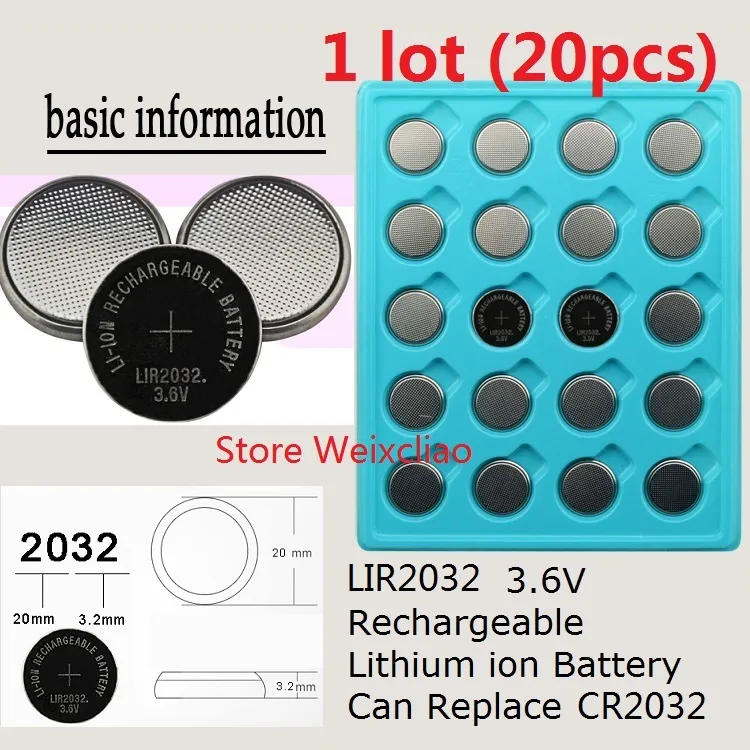 1 lote LIR2032 3.6 V íon de Lítio ion recarregável bateria de botão 2032 3.6 volts li-ion moeda baterias substituir CR2032 Frete Grátis