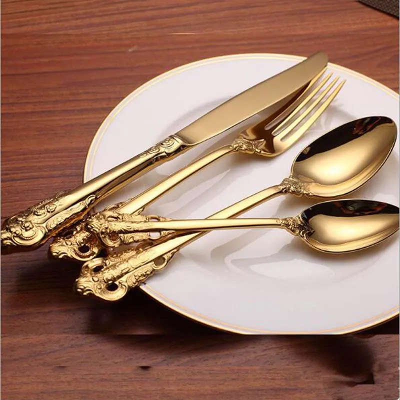 Hoge kwaliteit luxe gouden servies set vergulde roestvrijstalen bestek set bruiloft dining mes vork eetlepel