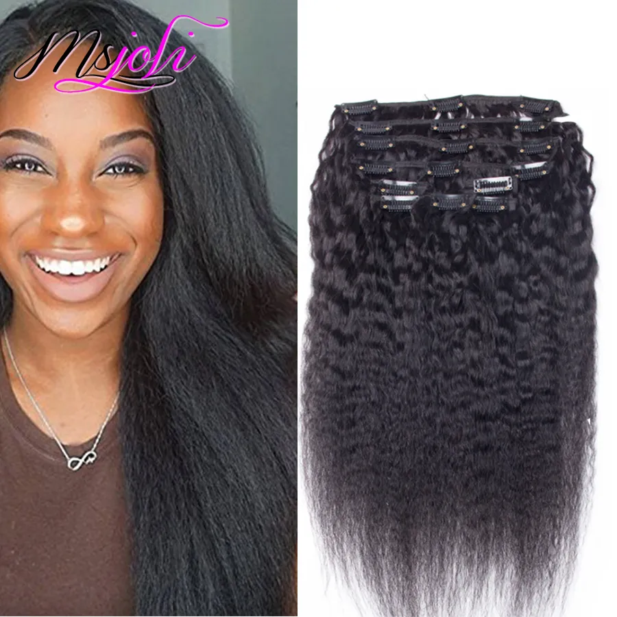 9a Brasiliansk Virgin Human Hair Clip In Extension Full Head Natural Color Kinky Straight 7st / Lot 12-28 inches från MS Joli