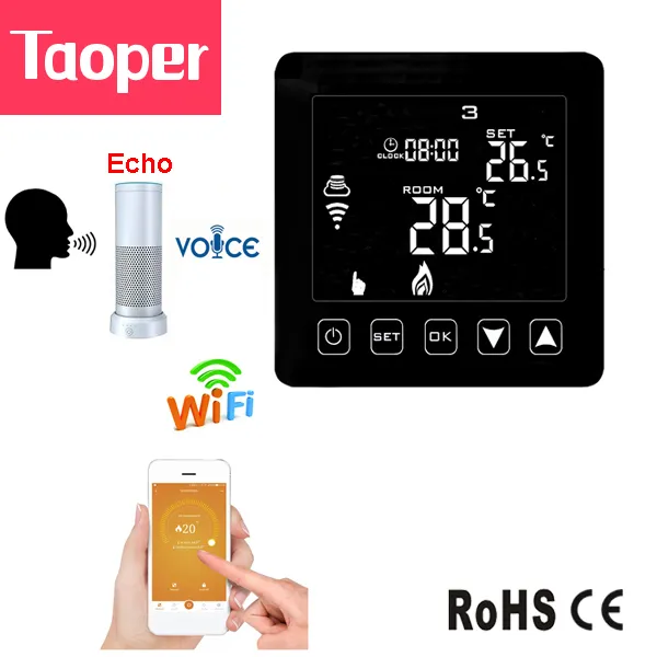 Wifi Akıllı Termostat Echo Alexa Ses Kontrolü Elektrikli Yerden Isıtma Odası Sıcaklık Radyatör Siyah Dokunmatik Ekran 100-240VAC