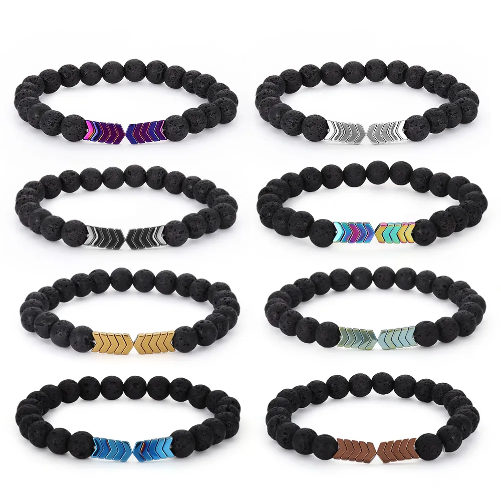 1 Stück Vulkan Lava Stein Armbänder Armreif Heilung Balance Pfeil Perlen Armband für Männer Frauen Yoga elastische Handkette Jewelry228a