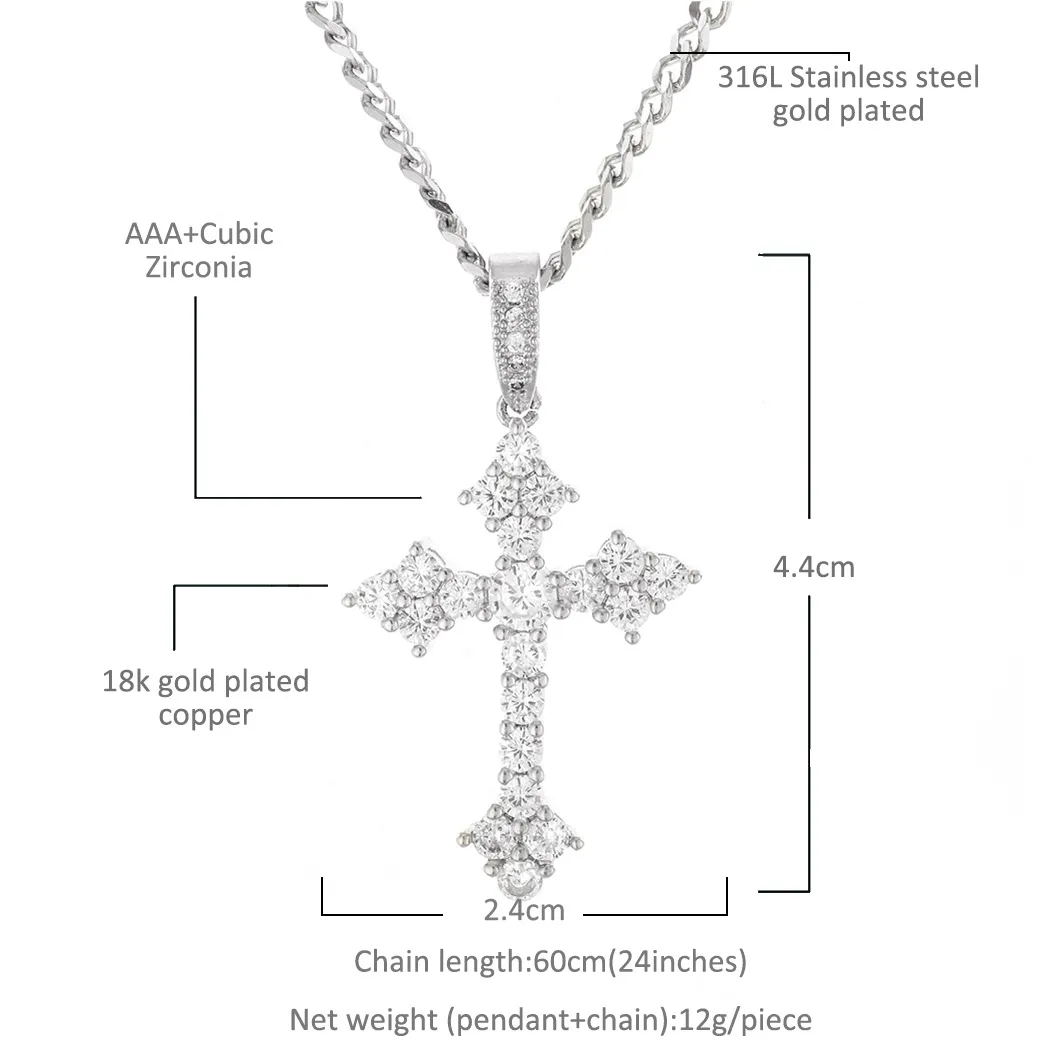 Hip Hop Iced Out Cross Pendant Necklace Gold Silver Color Plated Micro Paved Zircon Gold Chain for Women324K