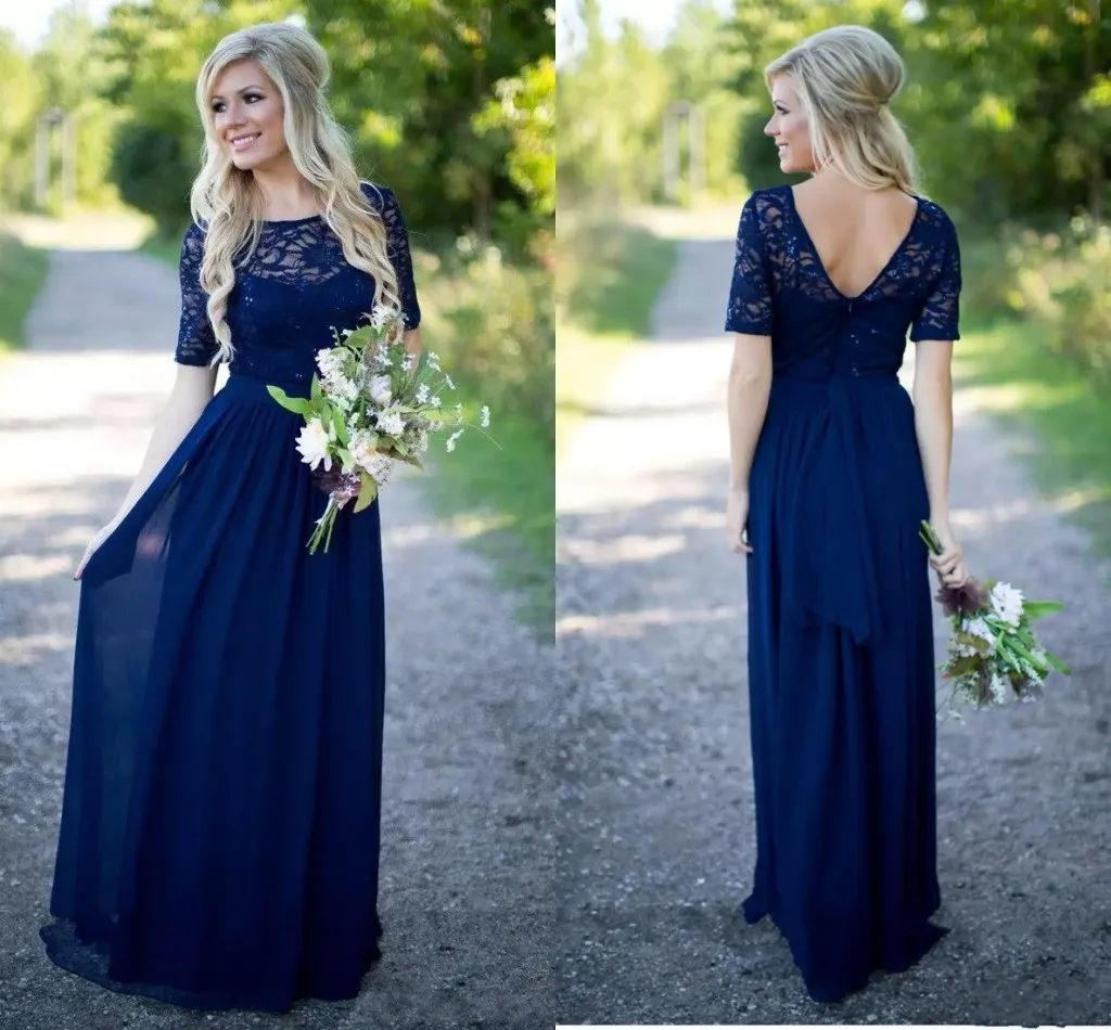 Boho Lace Cheap Bridesmaid Prom Dress Navy Blue Backless Jewel Neck Illusion Short Sleeves Chiffon Empire Long Wedding Party Guest Evening