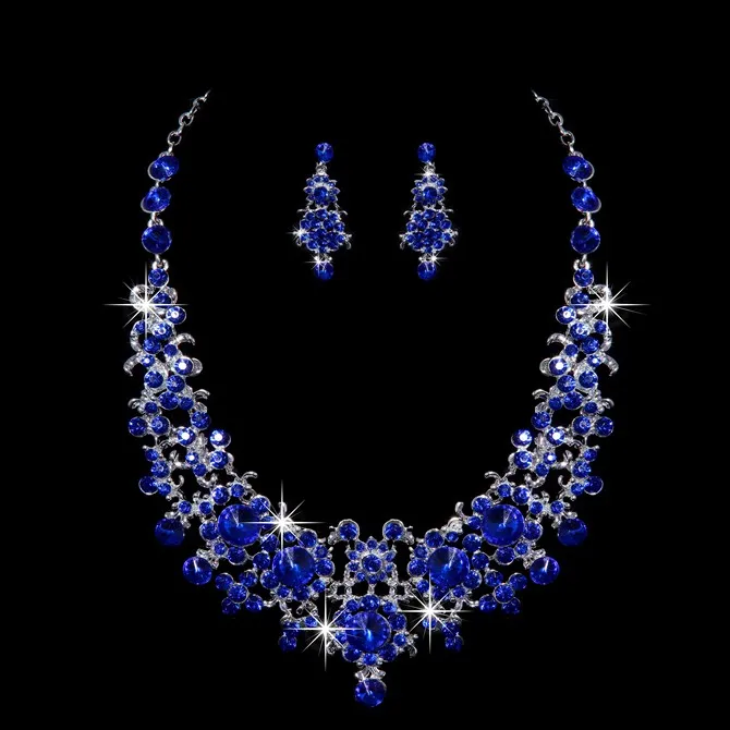 2018 Royal Blue Bridal Jewelry Crystal Shinning Bride Naszyjnik Kolczyk Rhinestone Zroszony Biżuteria Ślubna Zestaw Prom Party Accessory Stock