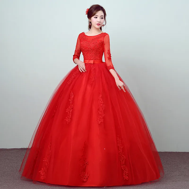 Новое поступление 2018 года, белое, красное свадебное платье с рукавом 3 четверти, милое свадебное платье принцессы с кружевной аппликацией, Vestidos De Novia
