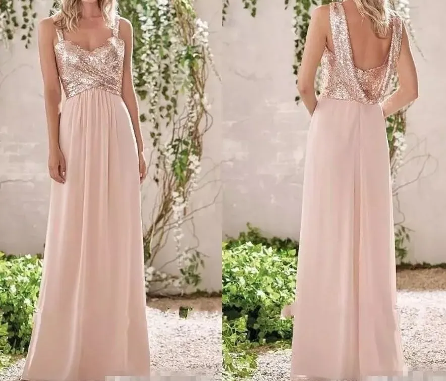 Elegant New Rose Gold Bridesmaid Dresses A Line Spaghetti Backless Sequins Chiffon Cheap Long Beach Wedding Guest Dress Maid of Honor Gowns