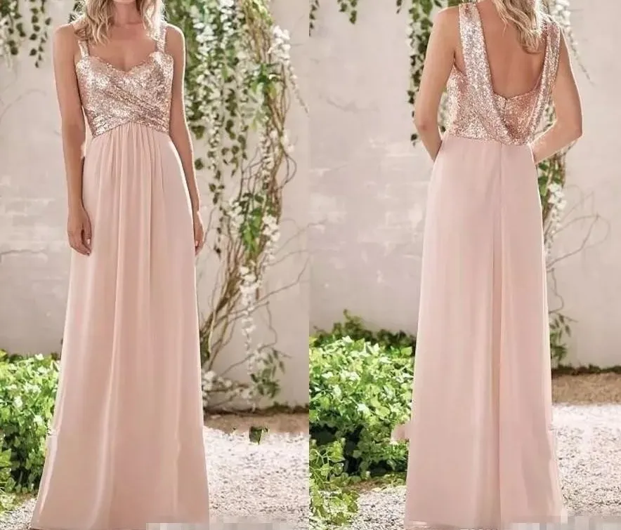 Elegancka Nowa Rose Gold Druhna Suknie Linia Spaghetti Backless Cekiny Szyfonowa Tanie Długie Plaża Ślubna Guest Dress Maid of Honor Suknie