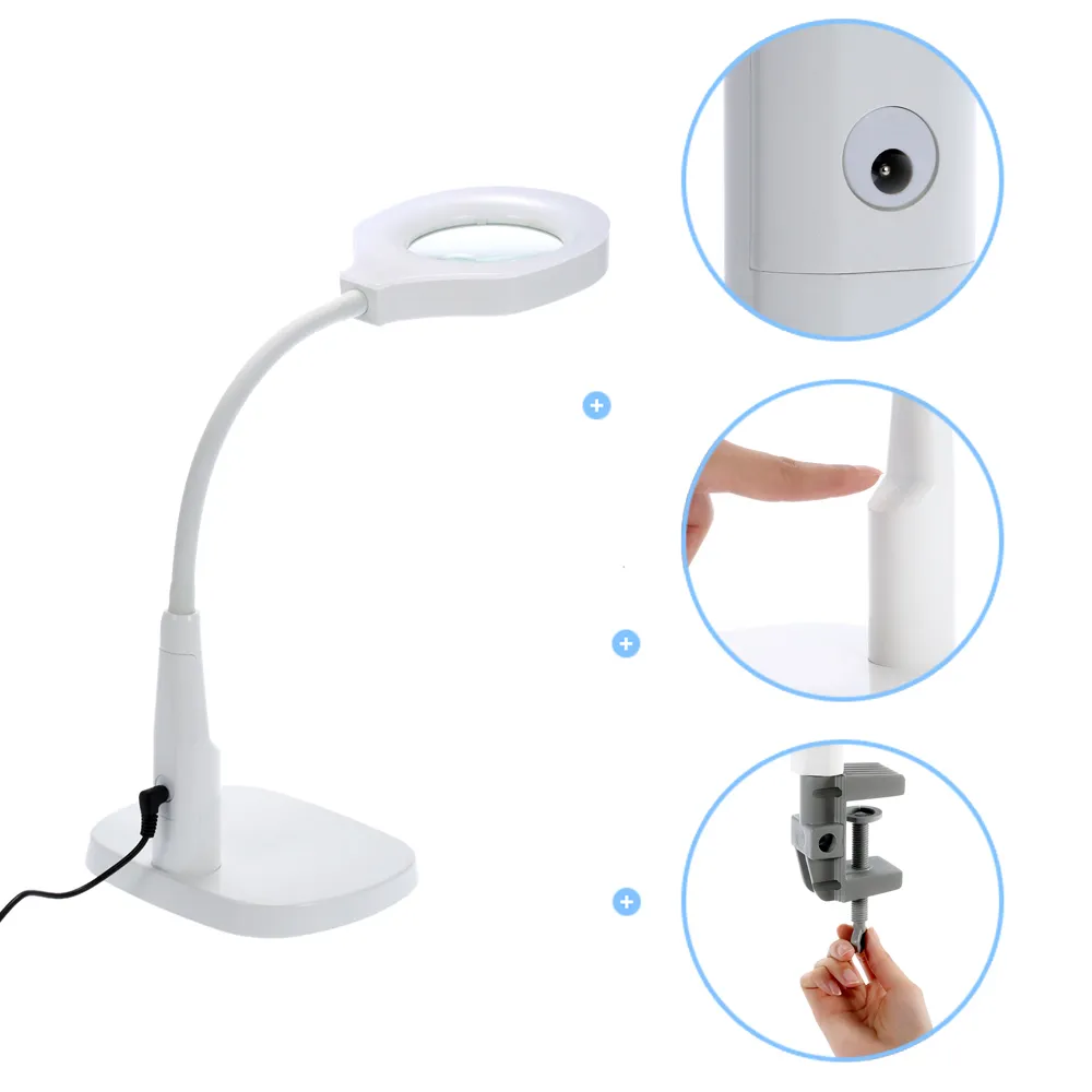 2 em 1 iluminado Magnifier lupa lumineuse Desk lente da lâmpada lupas Óculos con lupa terza mano com Holder C Base de braçadeira