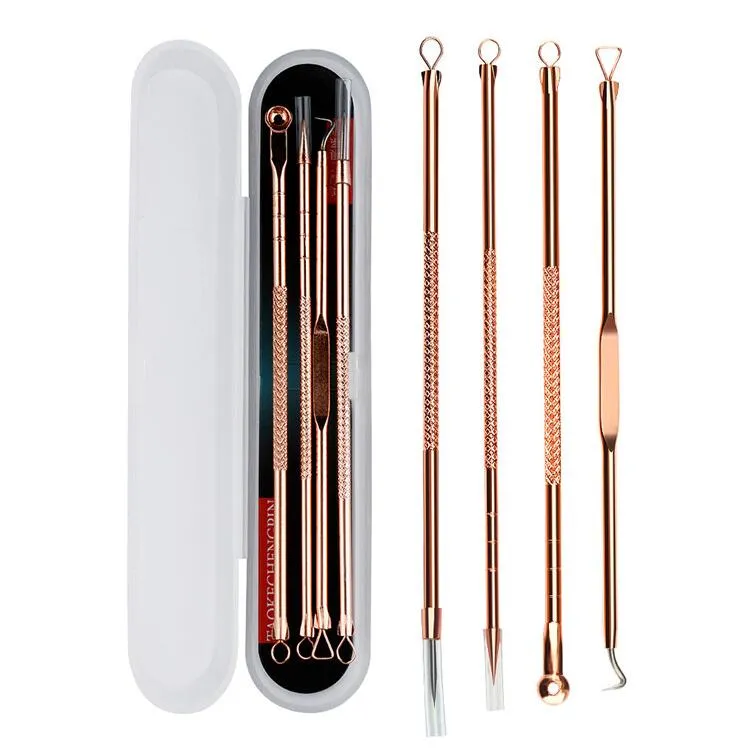 4 sztuk / zestaw Rose Gold Baskode Remover Zestaw Narzędzi Zestaw Narzędzi Pielęgnacji Skóry Facial Comedone Acne Needle Clip Pimple Tweeezer Blemish Extractor Tools