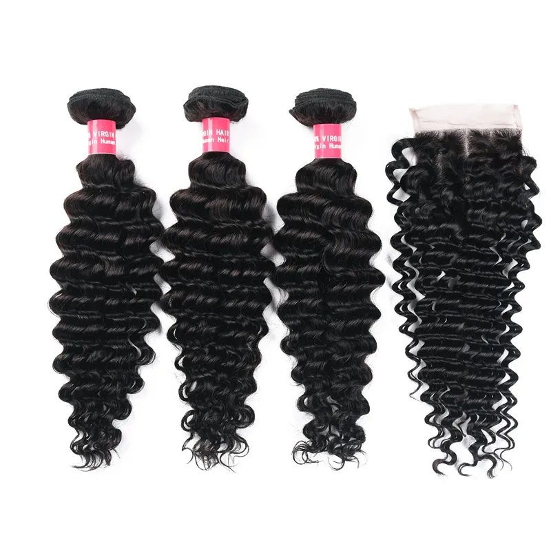 8A Remy 3 Bundles Brésiliens Droite Corps Vague Crépus Bouclés Vague Profonde Cheveux Avec 4 4 Dentelle Fermeture 100% Cheveux Humains Tisse Naturel Bla335n