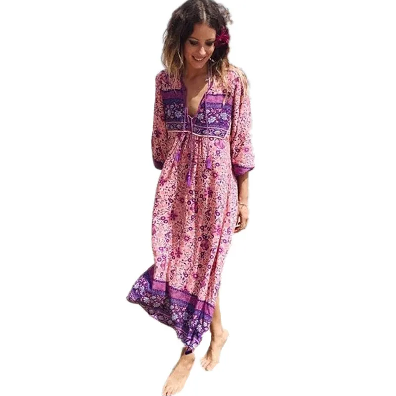 Boho Dress Chic stampa floreale in cotone Maxi Dess scollo a V manica lunga nappa abiti da donna 2017 autunno Bohemia Femme abiti