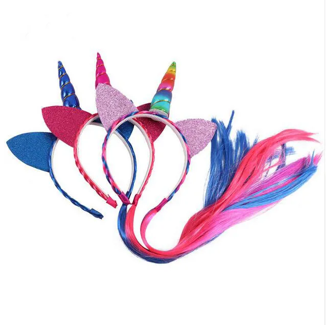 Радуга цвет хвостик Единорог повязки блеск уши дети девушки Принцесса Кос парик Hairbands аксессуары для волос GA243