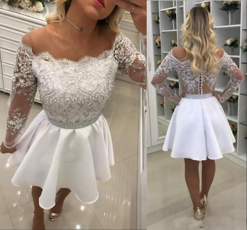 Off-Shoulder Lace Applique homecoming dresses with sleeves with Beaded Pearls and See-Through Back