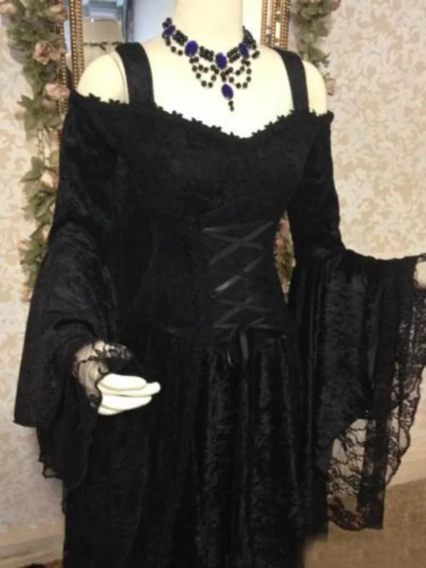 Vintage schwarze Gothic-Hochzeitskleider 2017, volle Spitze, Juliet, lange Ärmel, Schnürung am Rücken, lange Brautkleider, Übergröße, nach Maß, China EN2076
