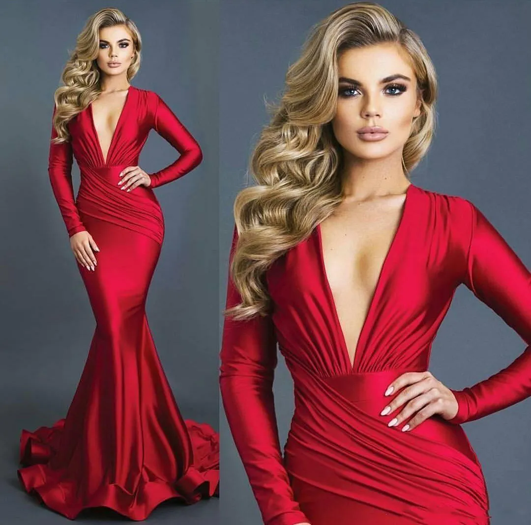 Red Prom Dresses Deep V Neck Sweep Train Long Sleeve Mermaid Evening Gowns Ruffle Soft Satin Formal Dress Party Wear Special Occasion Gowns