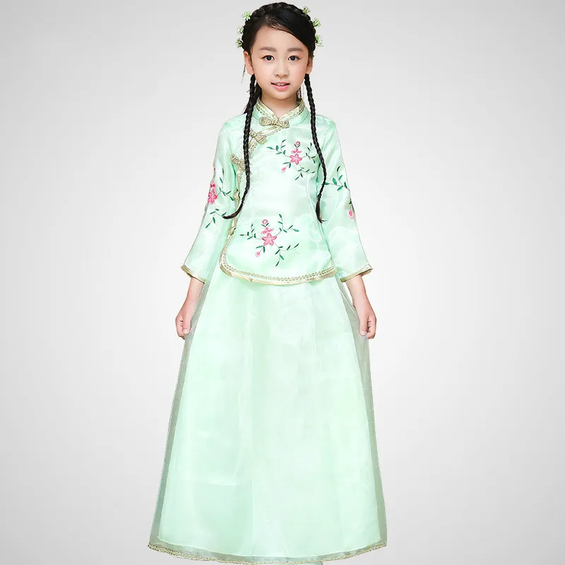 新しい子供の中国の伝統的な衣装トップ+スカート2個のPCSの女の子中国のHanfu Costumeプリンセスパフォーマンスダンス服18