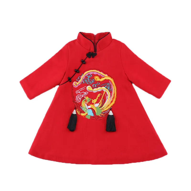 2018 الملابس السنة الجديدة الملابس اللباس النمط الصيني بنات مطرز شيونغسام اللباس الخريف الشتاء الأطفال طفلة ملابس سميكة للأطفال