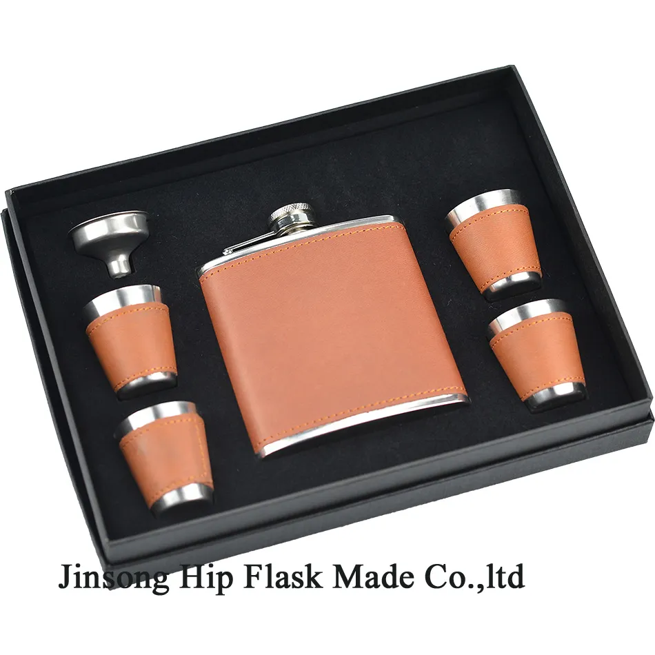 6OZ Brown leather hip flask set 18/8 stainless steel