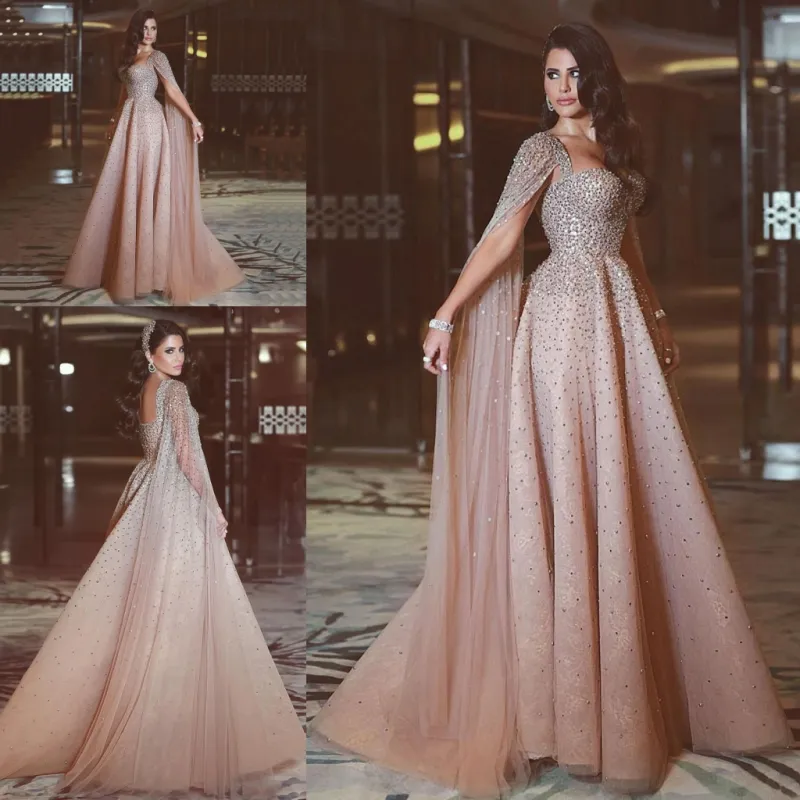 Cape Style Dubai Prom Dresses Sparkly Zroszony Szampan A Linia Suknie Wieczorowe Saudyjska Arabia Kobiety Formalna Party Dress Custom Made Vestidos