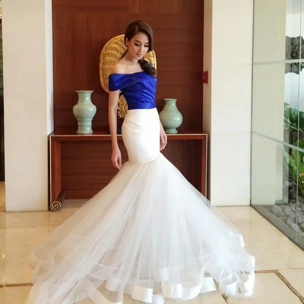 Blue And White Mermaid Prom Dresses 2019 Satin Top Off Shoulder Evening Gowns Tulle Sweep Train Formal Party Dress Cheap