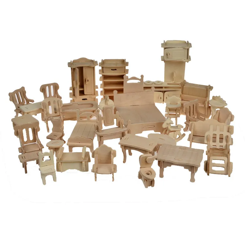 Wooden Dollhouse Wood Block Puzzle 3d Set With Furniture And Scale